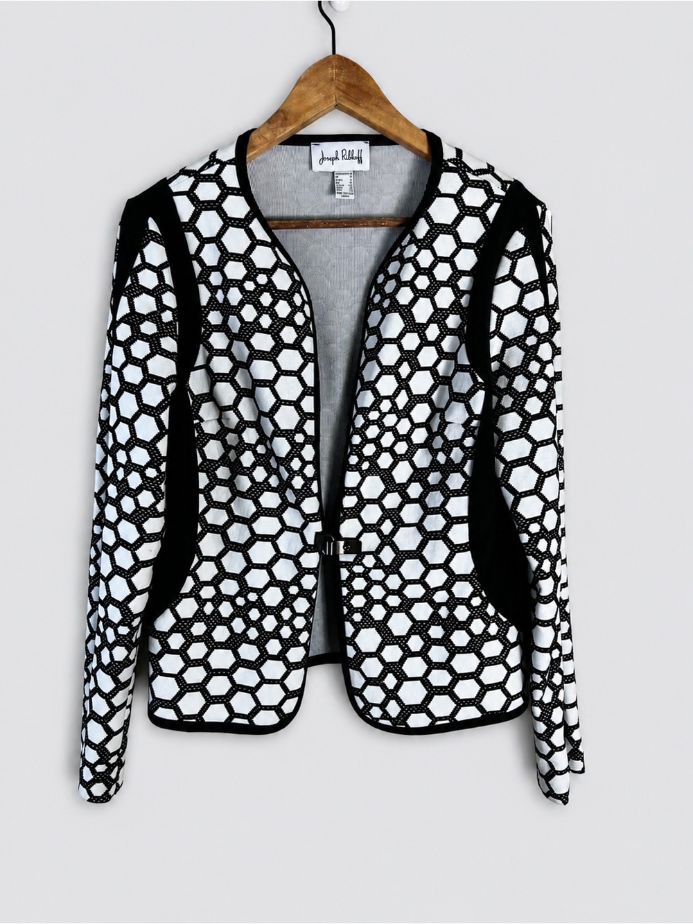 Joseph Ribkoff black white patterned jacket honeycomb design front clasp Size 10